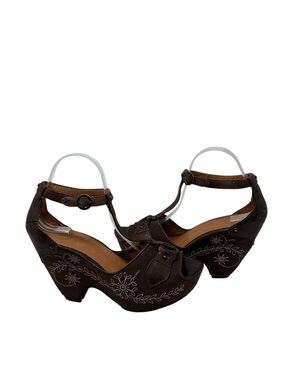 Ariat Vista Leather Canvas Floral Embroidered Wedge Sandals Brown Womens 10